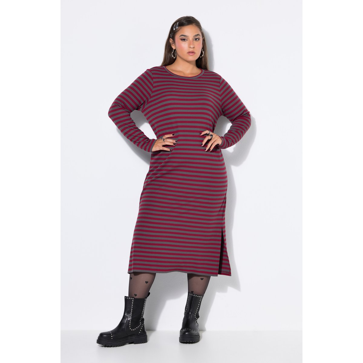 Robe maxi en jersey côtelé à rayures rouge vin, STUDIO UNTOLD