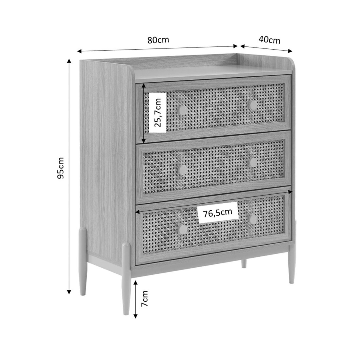 Commode enfant 3 tiroirs en bois et cannage 80cm- LILOU bois clair, DRAWER