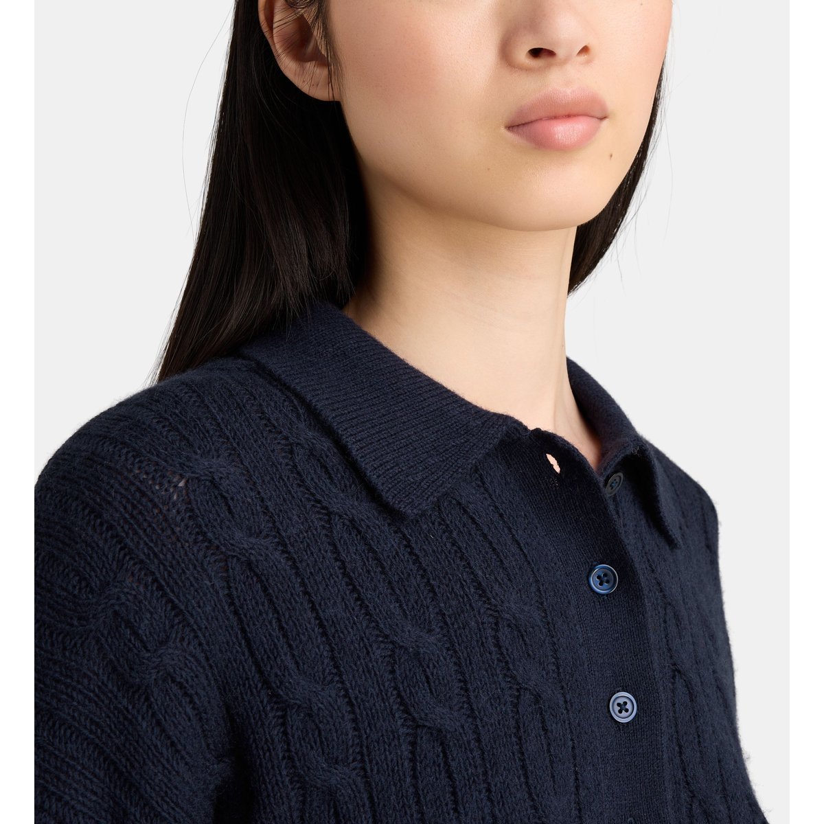 Pull droit col polo orwell torsades et boutons coton et laine bleu marine, JODHPUR