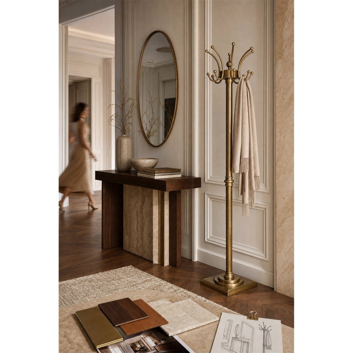 Porte-manteau sur pied en aluminium laiton antique, RECOLLECTION