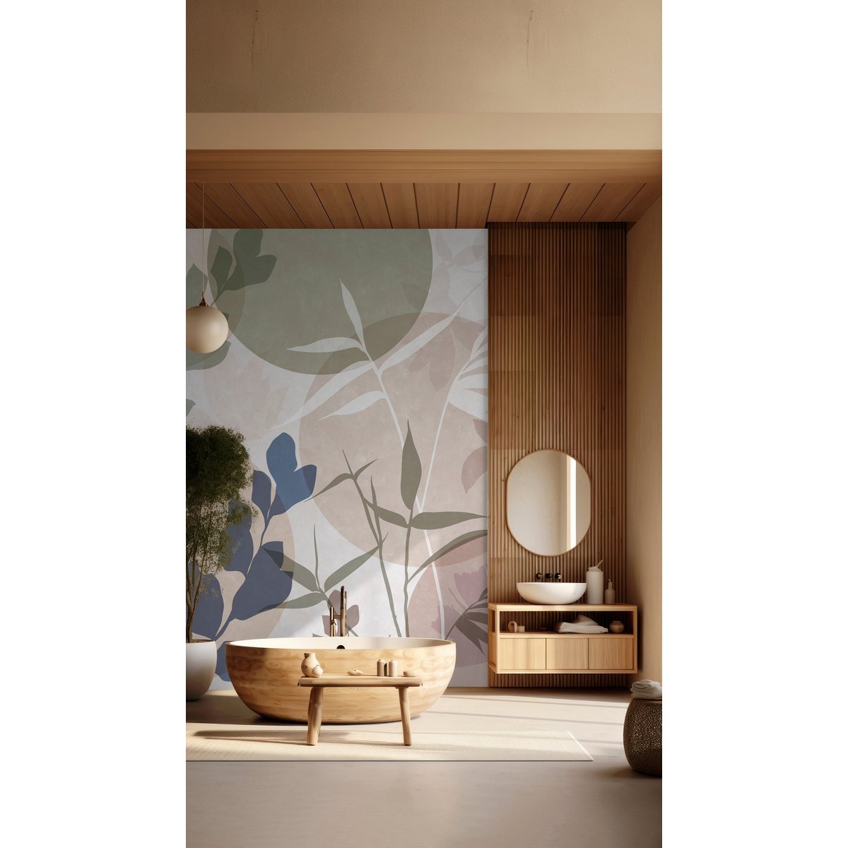 Papier peint panoramique Shadow XL - feuillages XXL, tons marron et vert sauge marron, vert sauge, bleu, LE PAPIERS DE NINON