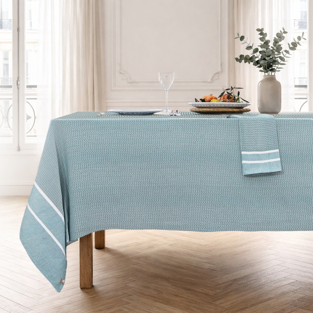 Nappe + 8 serviettes coton SIENNA bleu pétrole, FEBRONIE