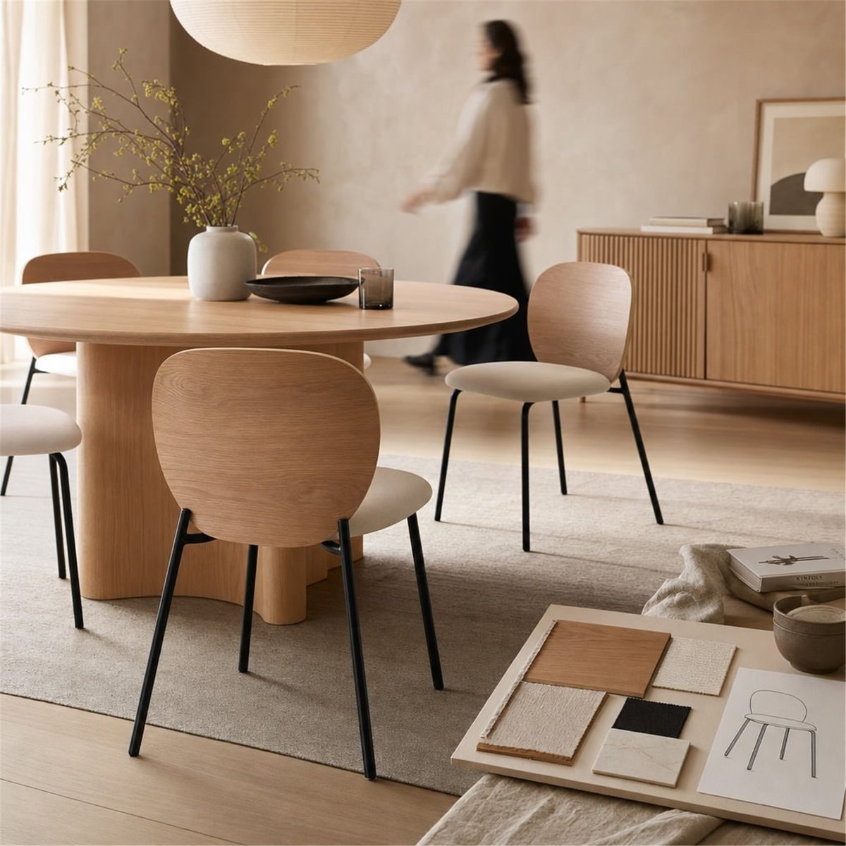 Chaise en frêne et tissu design moderne naturel, noir et beige, RECOLLECTION