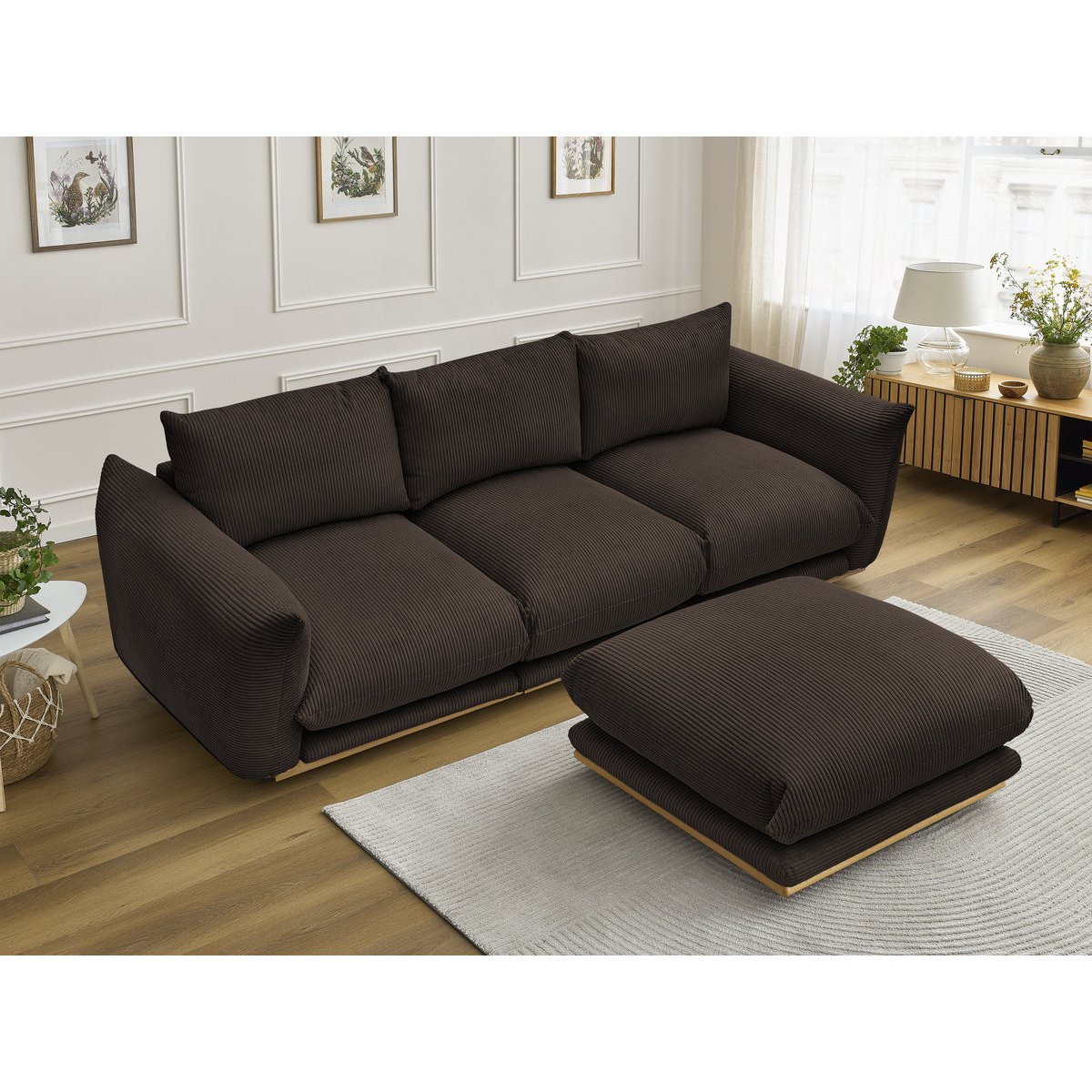 Canapé droit fixe 3 places en velours côtelé avec pouf, ERNEST marron, BOBOCHIC
