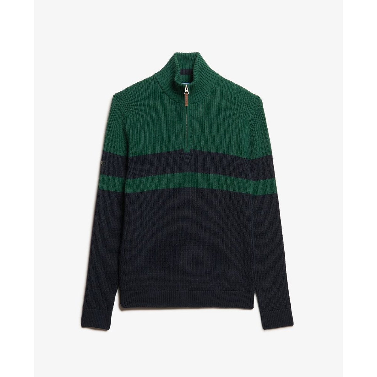Pull rayé coton à col zippé Classic bleu marine/vert, SUPERDRY