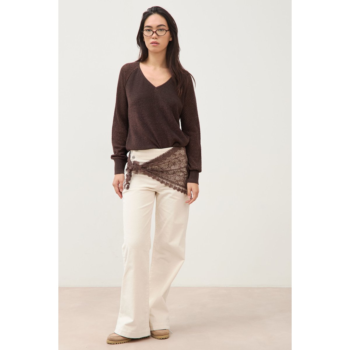 Pull droit col v manches longues marron, BONOBO