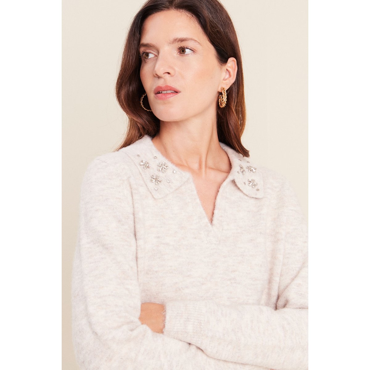 Polo manches longues col chemise beige, BREAL