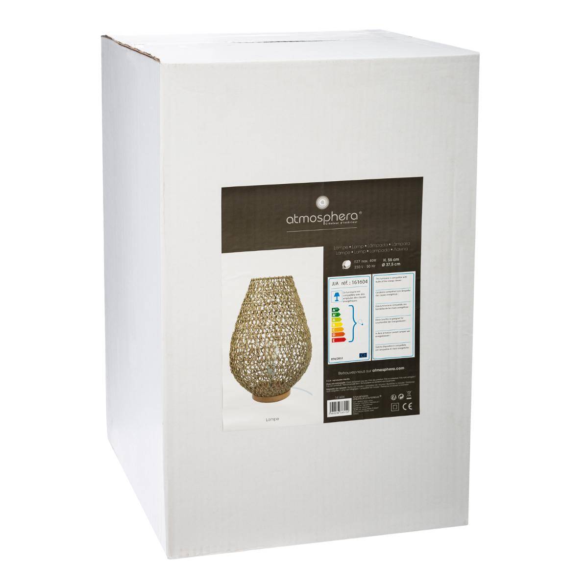 Lampe à poser corde tressée bois de hêtre ETEL beige, ATMOSPHERA
