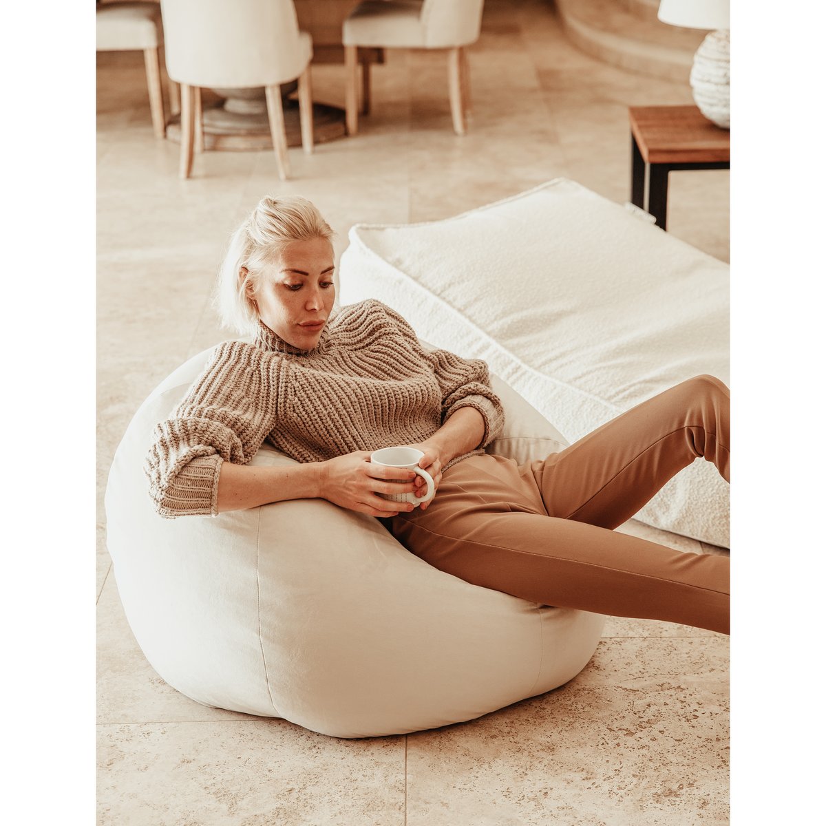 Pouf en velours déhoussable blanc, MX HOME