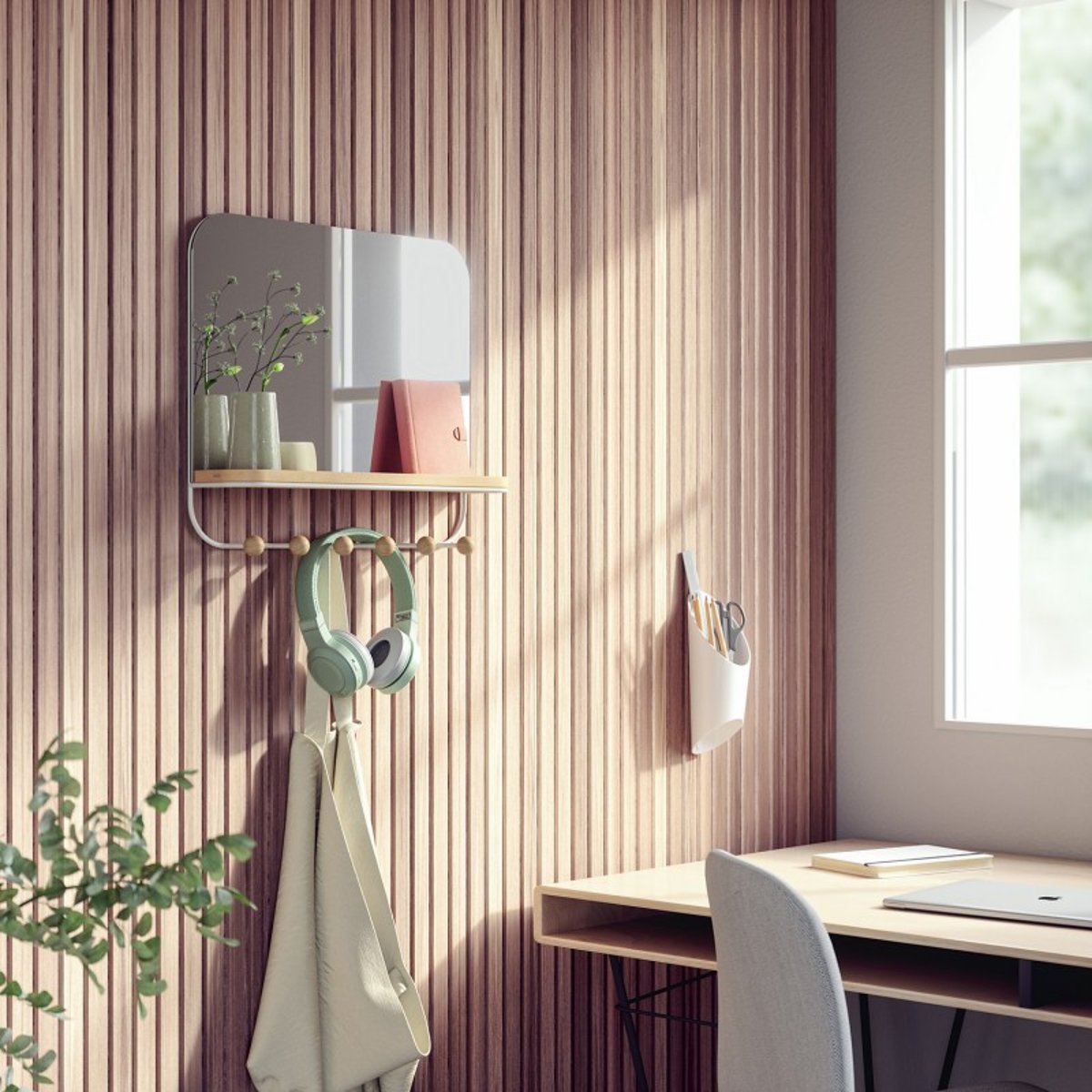 Miroir portemanteau étagère  ESTIQUE bois clair, UMBRA