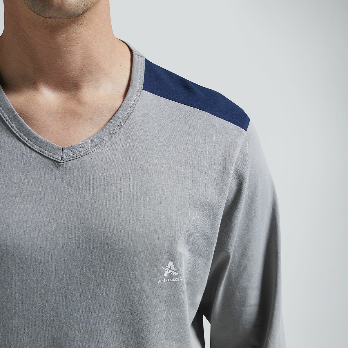 Pyjama long en coton gris + bleu marine, ATHENA
