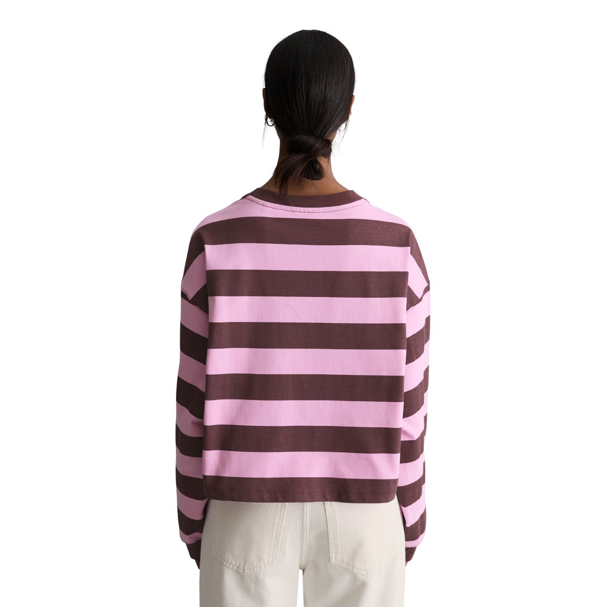 T-shirt long rayé relaxed en jersey lourd rouge foncé, MARC O’POLO DENIM