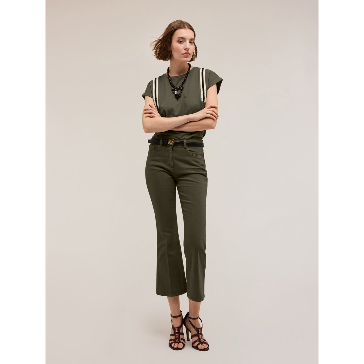Pantalon évasé en Drill de coton verde militare, MOTIVI