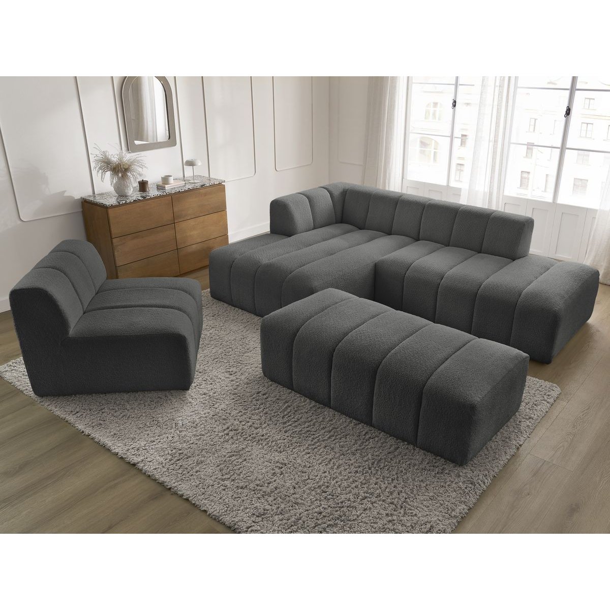 Canapé modulable 5 places en tissu bouclette, ANNECY gris foncé, BOBOCHIC