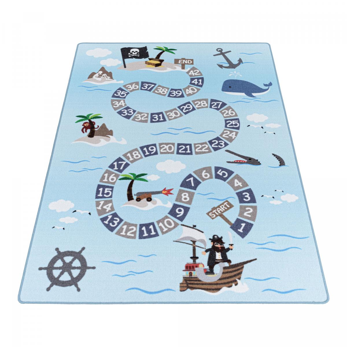 Tapis enfant Lavable 30° TRESORS bleu, UN AMOUR DE TAPIS