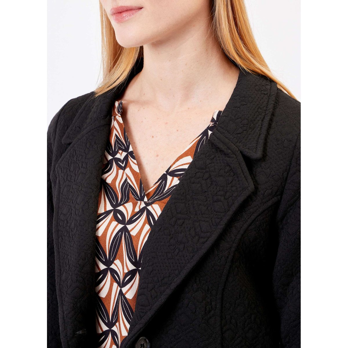 Veste tailleur imprimée en maille jacquard YSEULT noir, PRINCESSE NOMADE