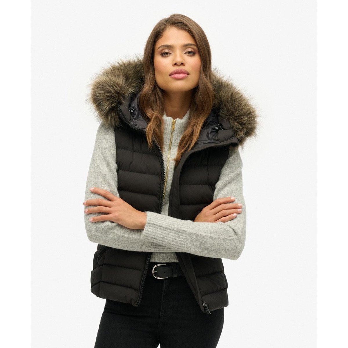 Veste sans manche en imitation fourrure à capuche Fuji noir, SUPERDRY
