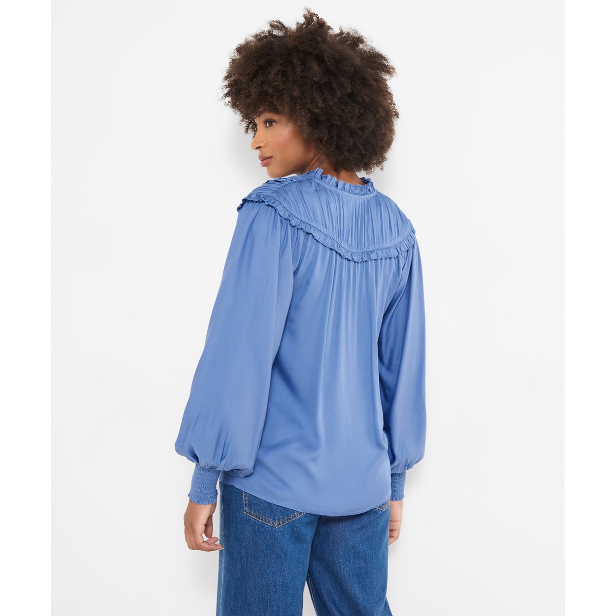 Blouse Romantique à Col Noué à Volants et Manches Ballon bleu, JOE BROWNS