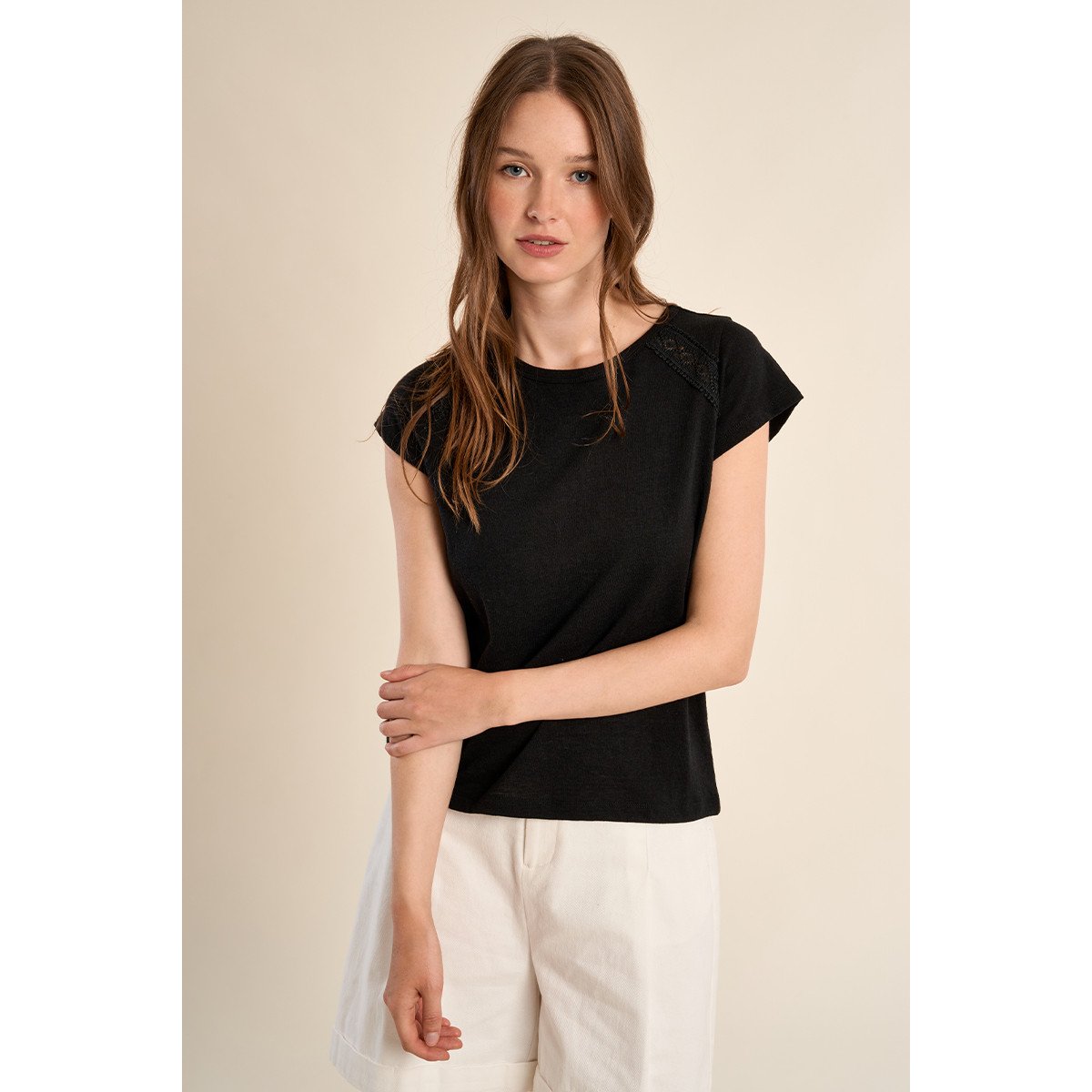 T-shirt en coton, ajouré noir, MOLLY BRACKEN