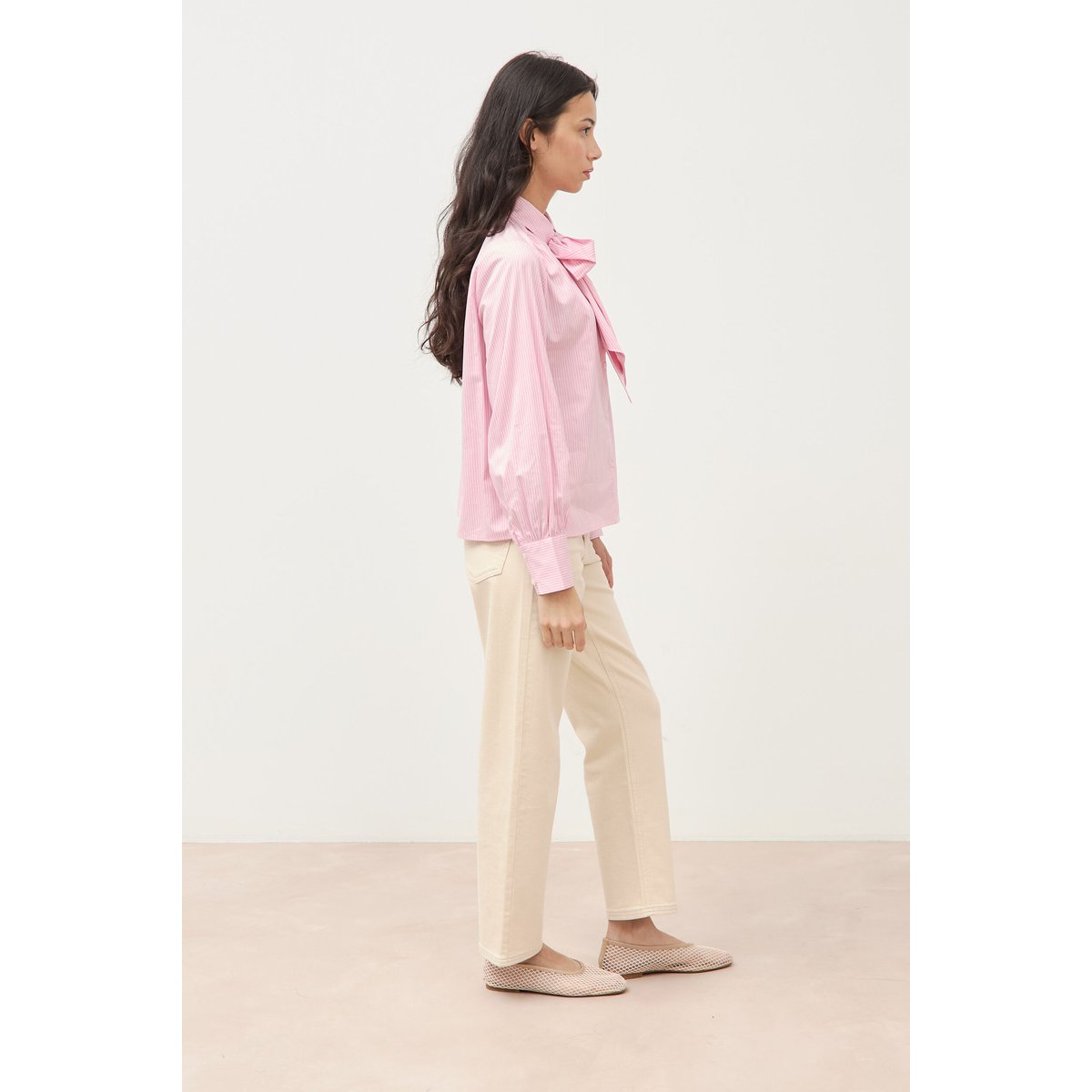 Chemise droite col noeud manches longues rose poudrée, BONOBO
