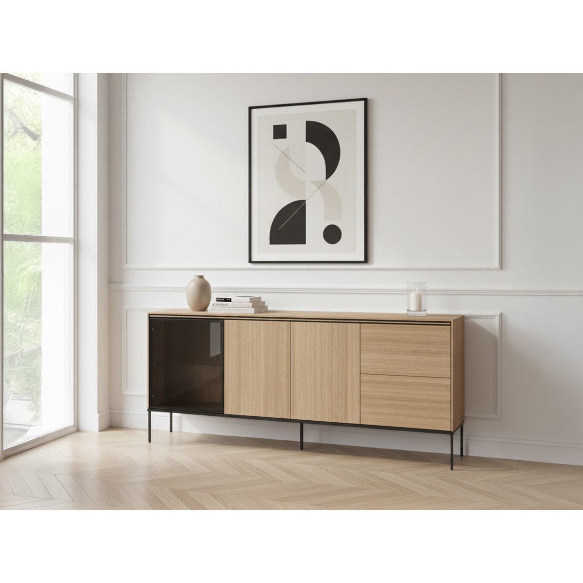Buffet bas en panneaux de particules 3 portes 2 tiroirs 201 cm, VERONA marron clair, BOBOCHIC