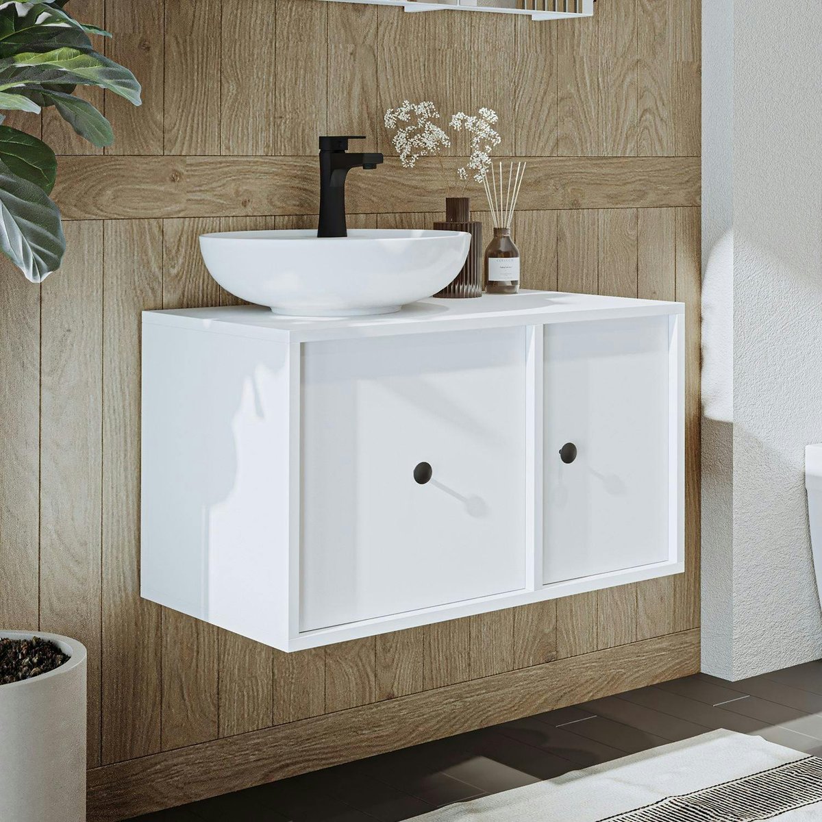 Meuble suspendu 1 tiroir 1 porte + vasque ronde EBE blanc, PIER IMPORT