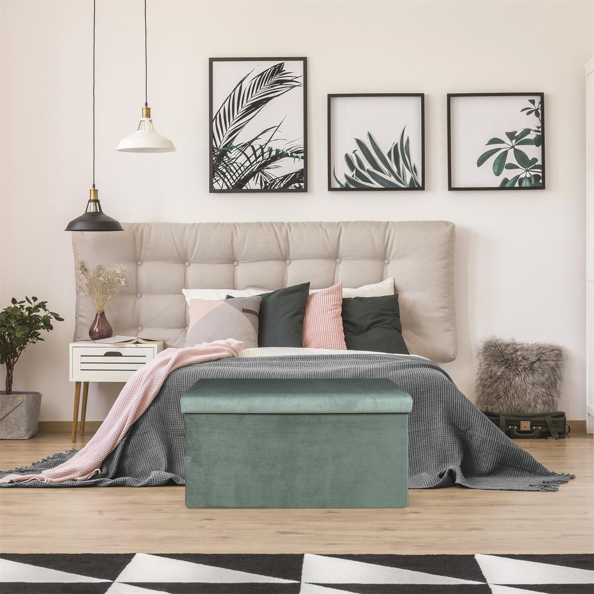 Banc coffre de rangement pliable en velours côtelé GIULIA bleu, EDEN