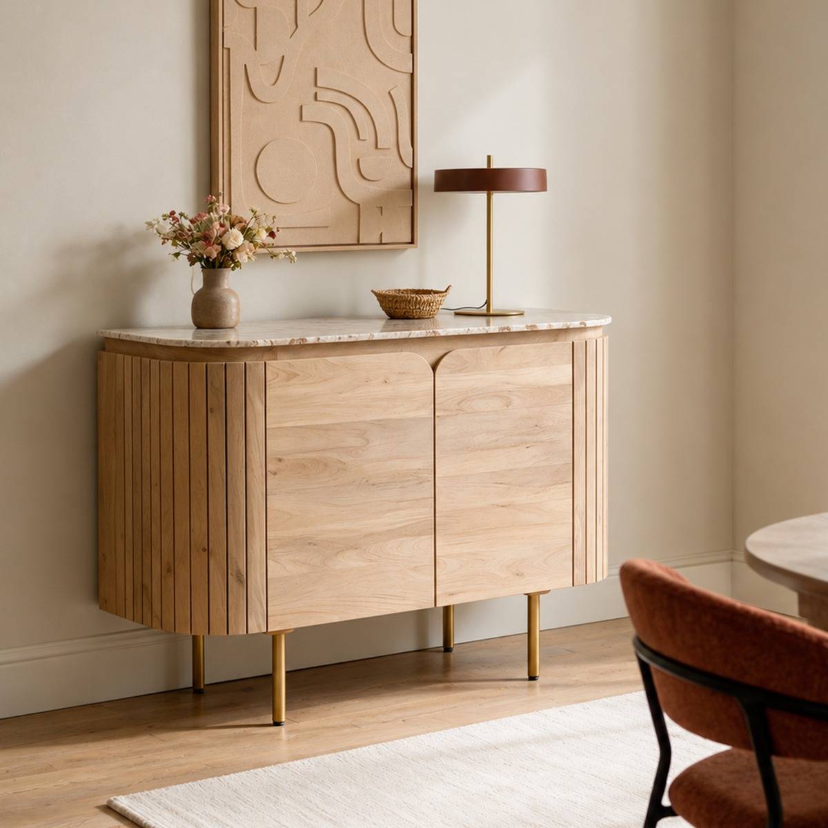 Buffet en marbre et bois de manguier CYRENE bois clair, MADE IN MEUBLES