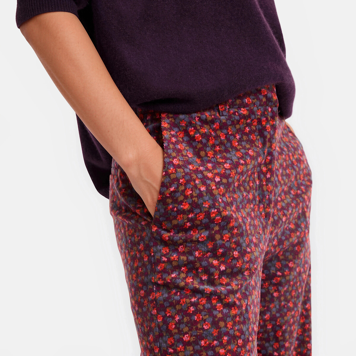 Pantalon large taille haute, en velours, imprimé floral imprimé fleurs fond marine, LA REDOUTE COLLECTIONS