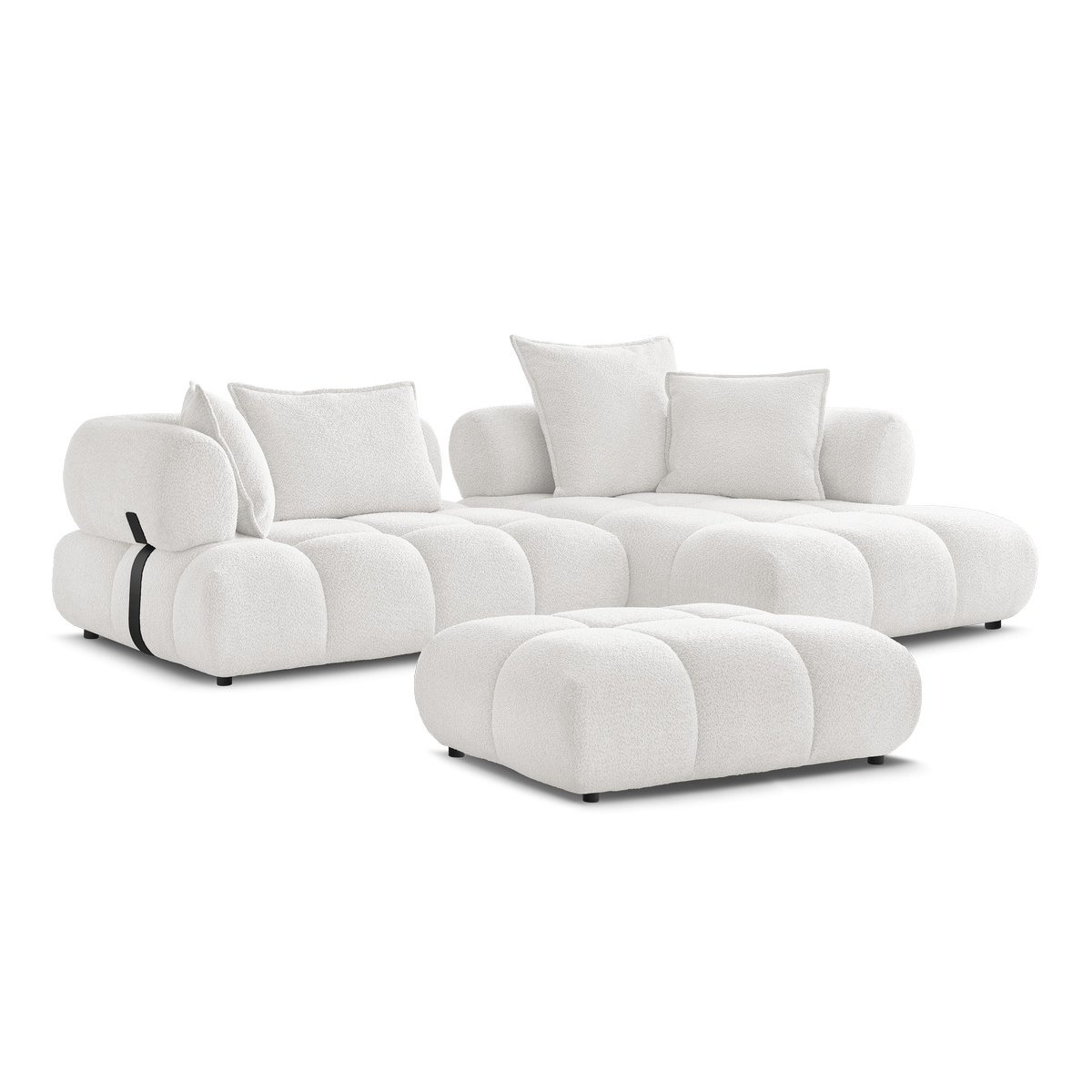 Canapé d'angle fixe 4 places en tissu bouclette avec pouf, ALYA blanc, BOBOCHIC