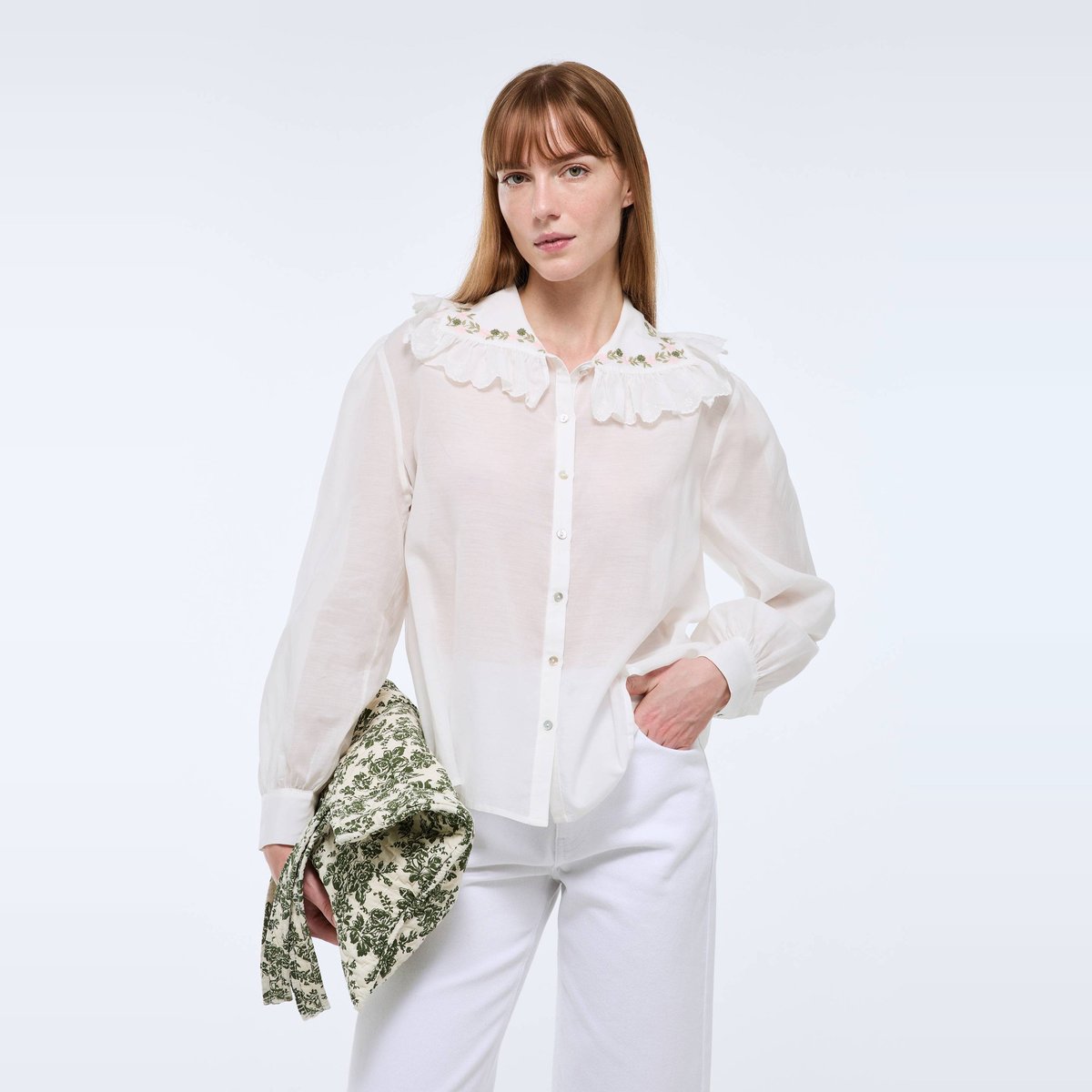 Chemise unie détails col contenant du coton ecru, MONOPRIX