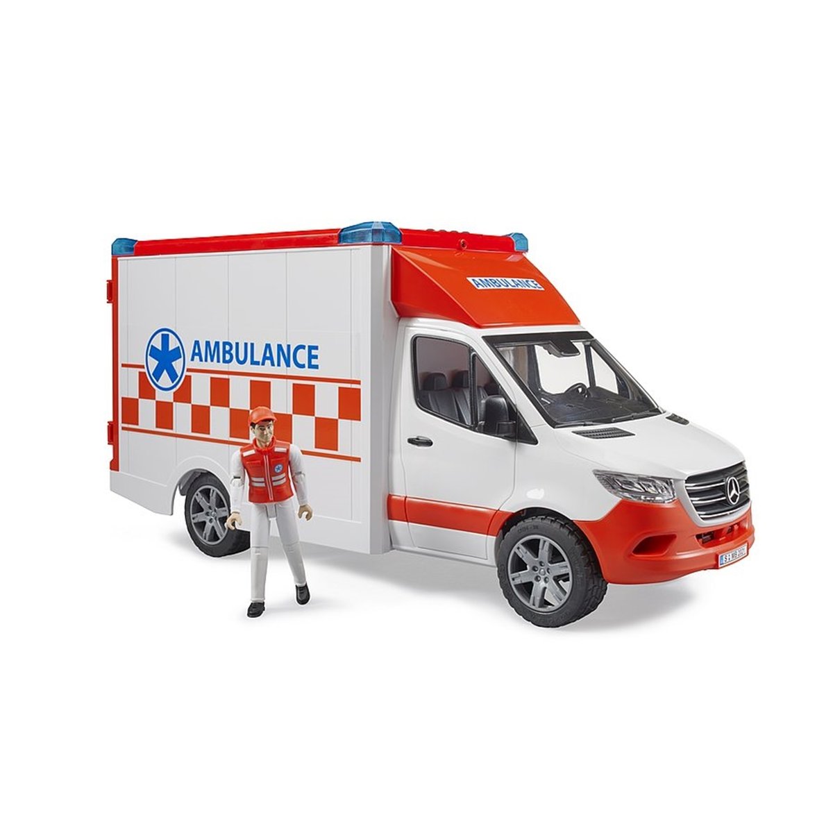 Véhicule Ambulance Mercedes Benz Sprinter avec conducteur et module son et lumière rouge et blanc, BRUDER