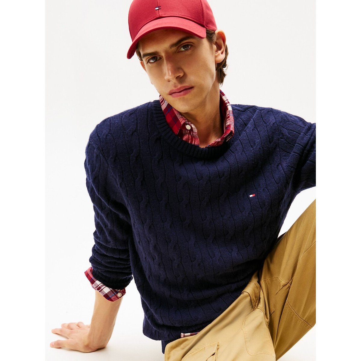 Pull col rond en laine torsadé bleu marine, TOMMY HILFIGER