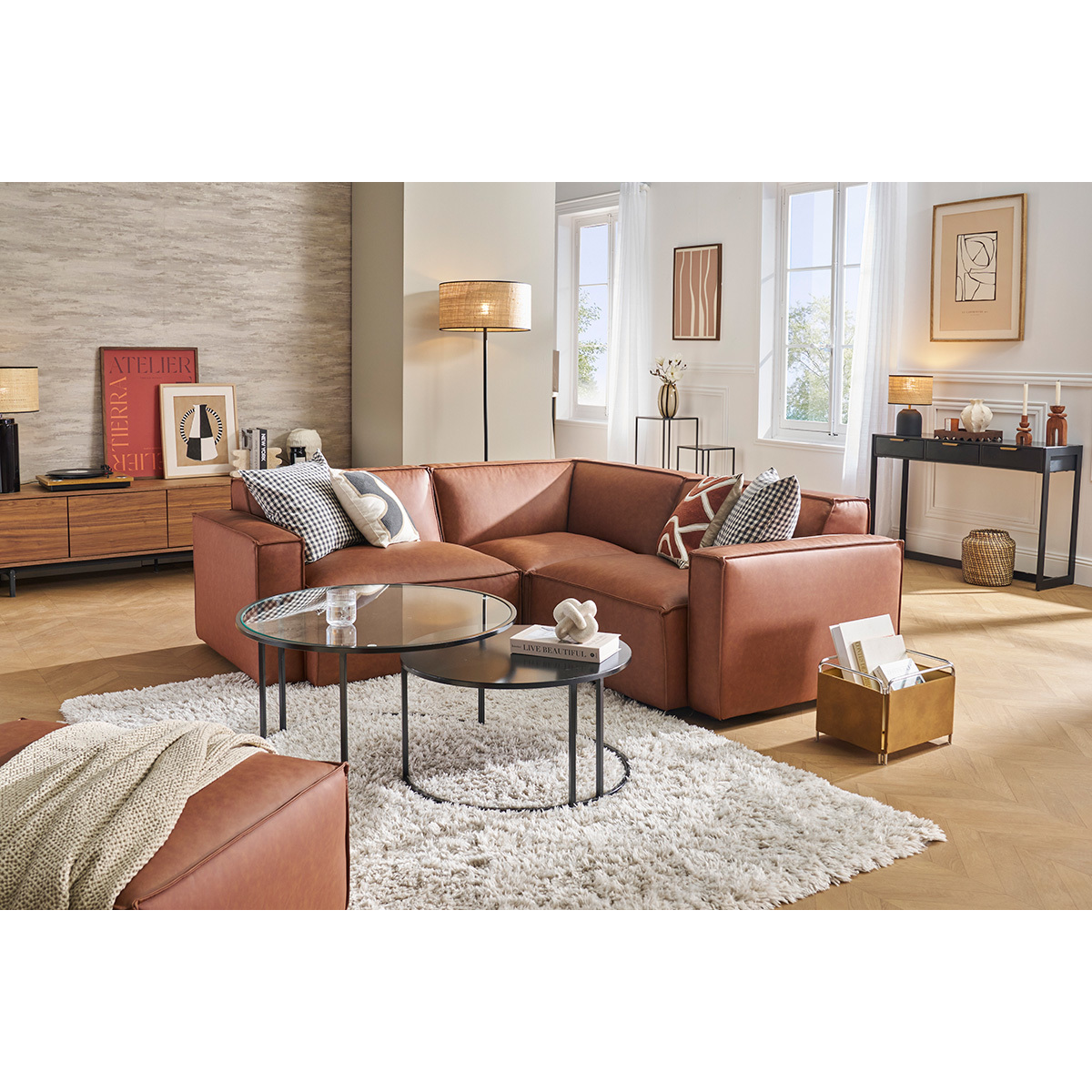 Module d'angle central pour canapé en tissu chenille beige SPLIT marron, MILIBOO
