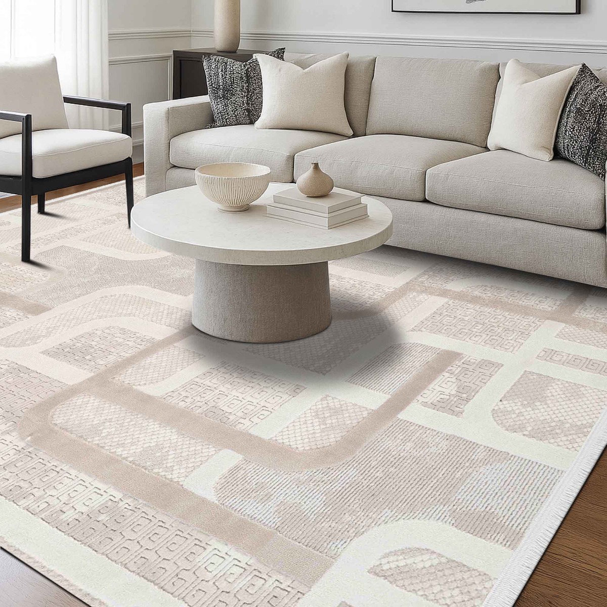 Tapis doux moderne en relief géométrique GEO beige, THE DECO FACTORY