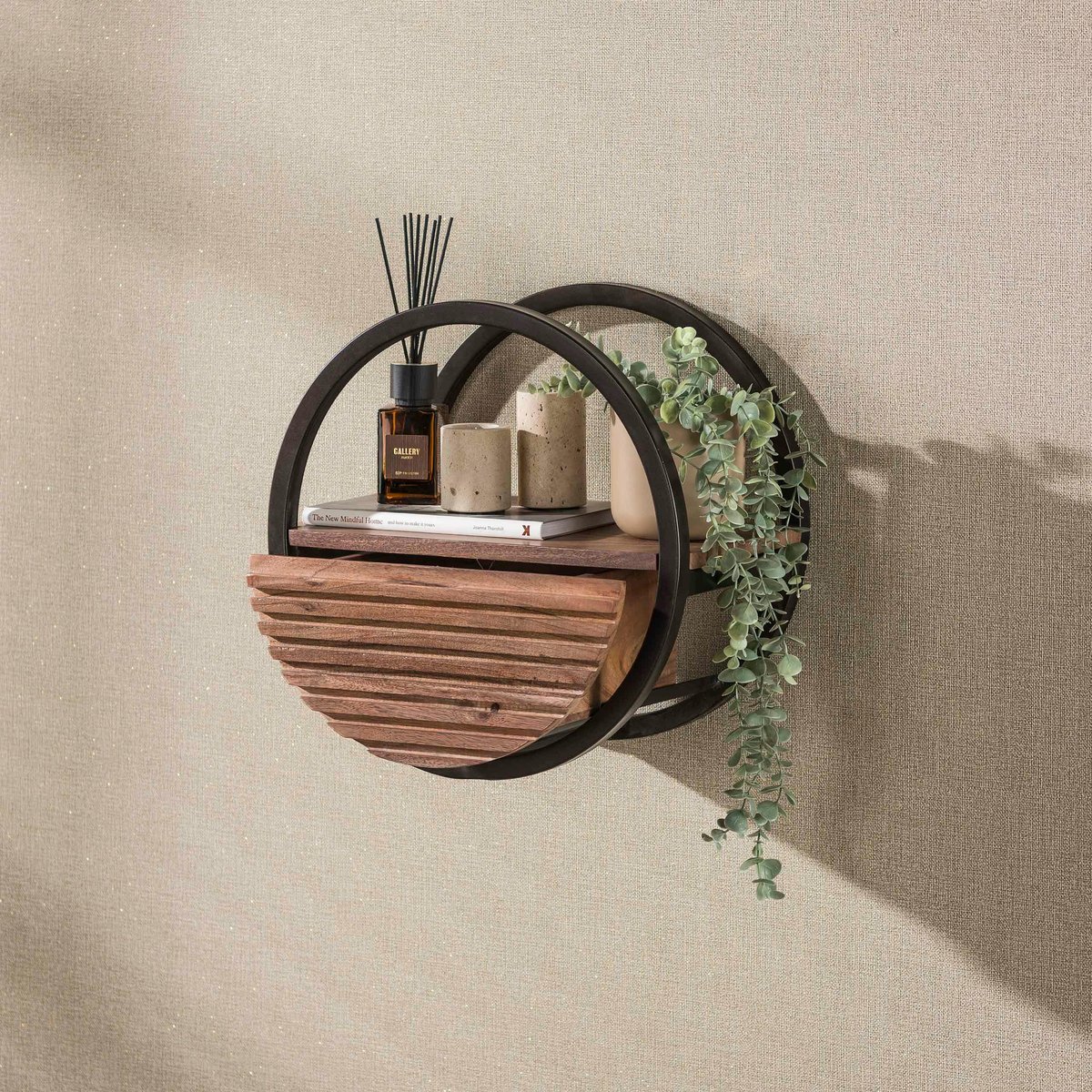 Etagère murale ronde bois d'acacia foncé 1 tiroir Ø40 cm NAKO marron, PIER IMPORT