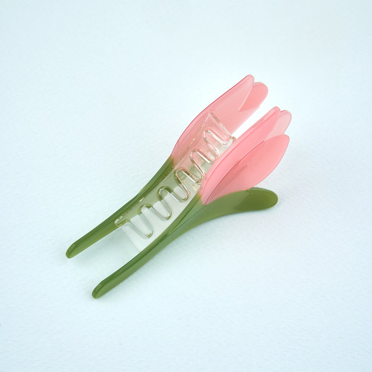 Pince à cheveux TULIPE rose avec tige vert nacré, COUCOU SUZETTE