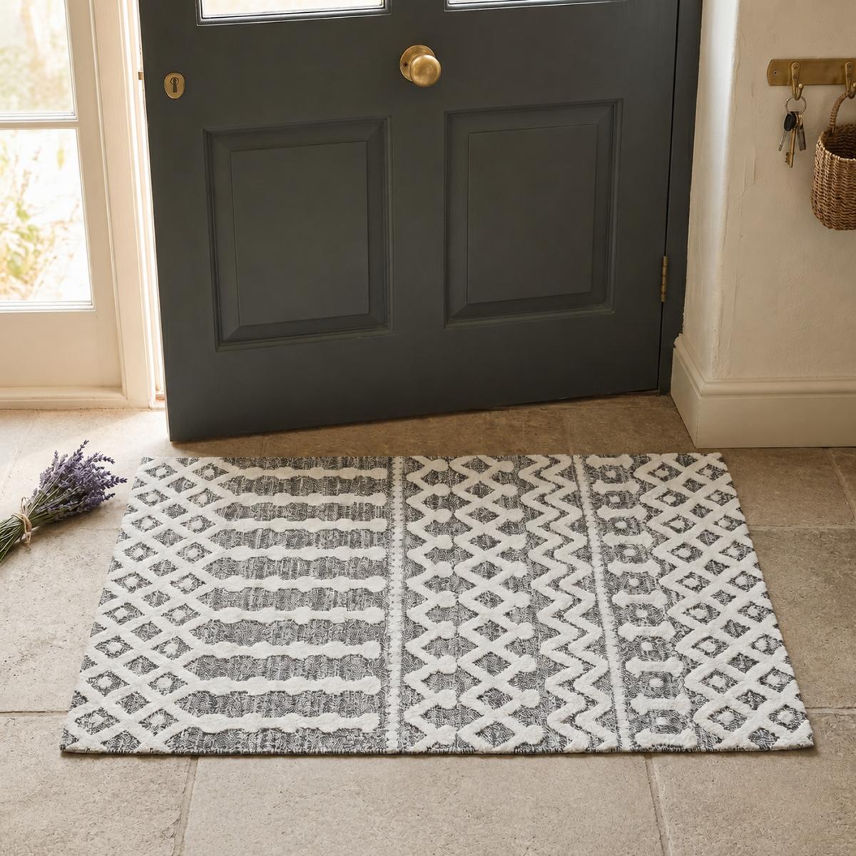Tapis salon et chambre tissé motif scandinave PISTIOU gris, blanc, UN AMOUR DE TAPIS