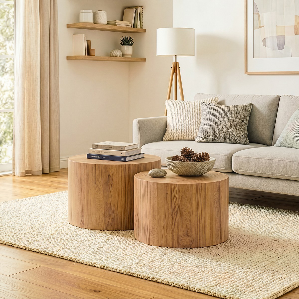 Lot de 2 tables basses rondes empilables - MAIA bois clair, CALICOSY
