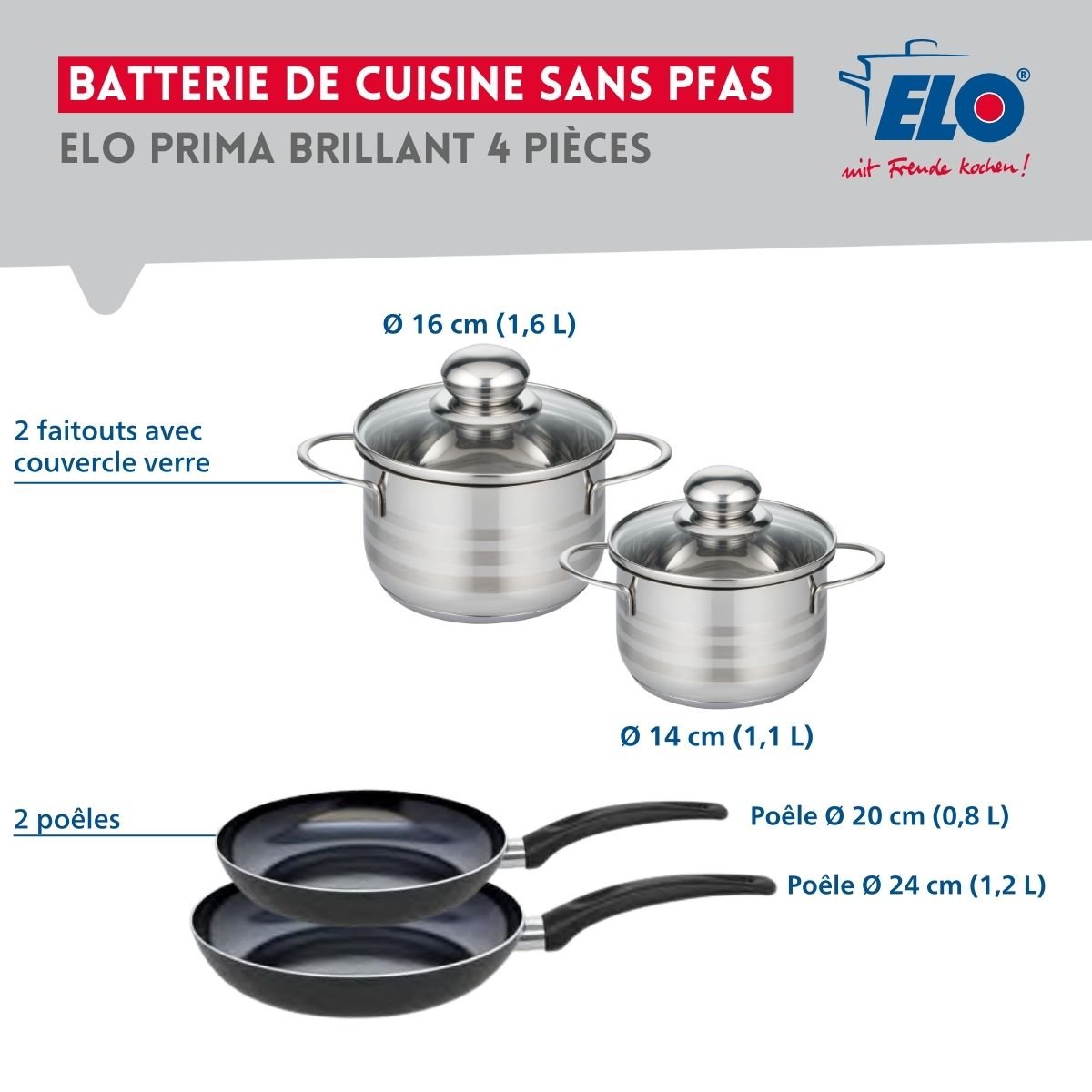 Batterie 2 poêles 20/24cm + 2 faitouts 14/16cm PRIMA BRILLANT noir, ELO