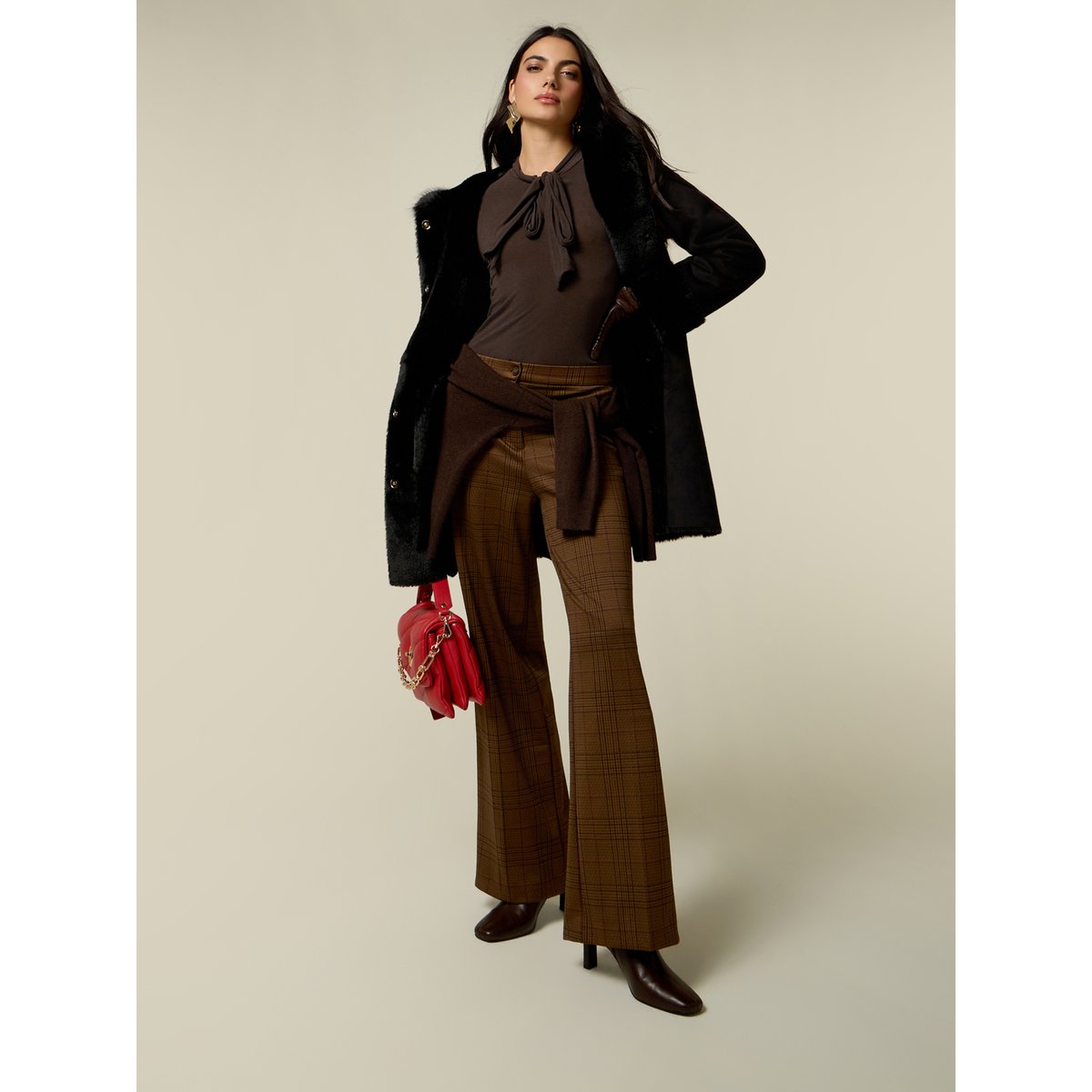 Pantalon palazzo à carreaux marron, OLTRE