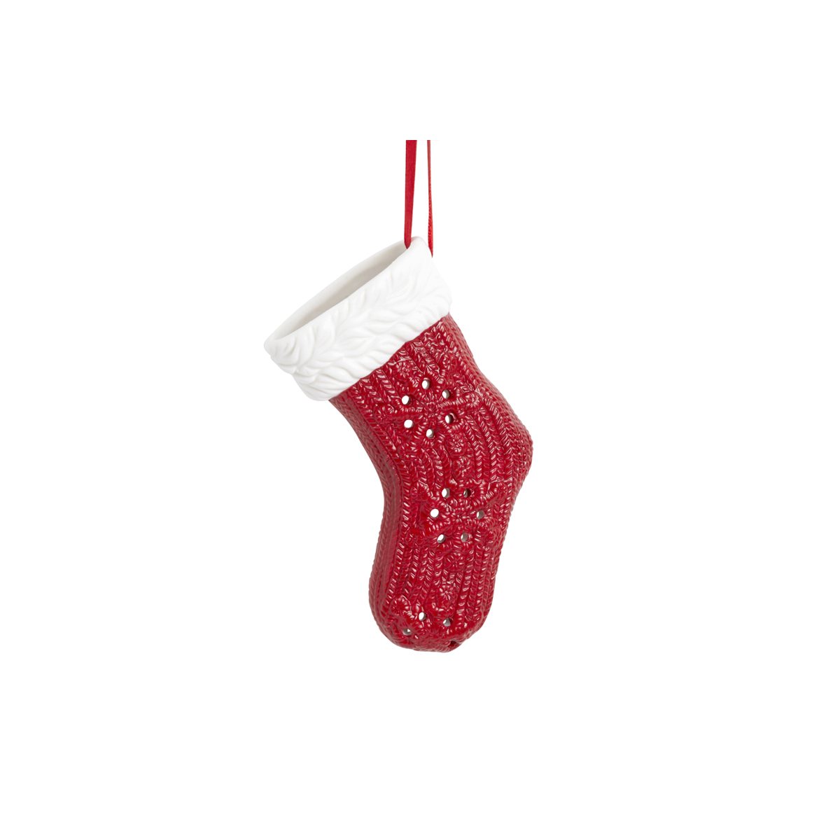 Suspension décorative chaussette de noël en grès H12 rouge, SIA DECO