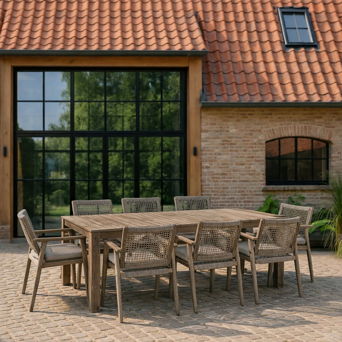 Salon de jardin table 230cm et 8 fauteuils en bois d'acacia et corde tréssée, EDEN bois d’acacia vieilli, NOW'S HOME