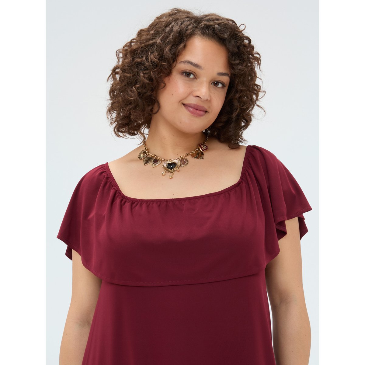 Robe longue Chill à épaules dénudées avec volants burgundy, FIORELLA RUBINO