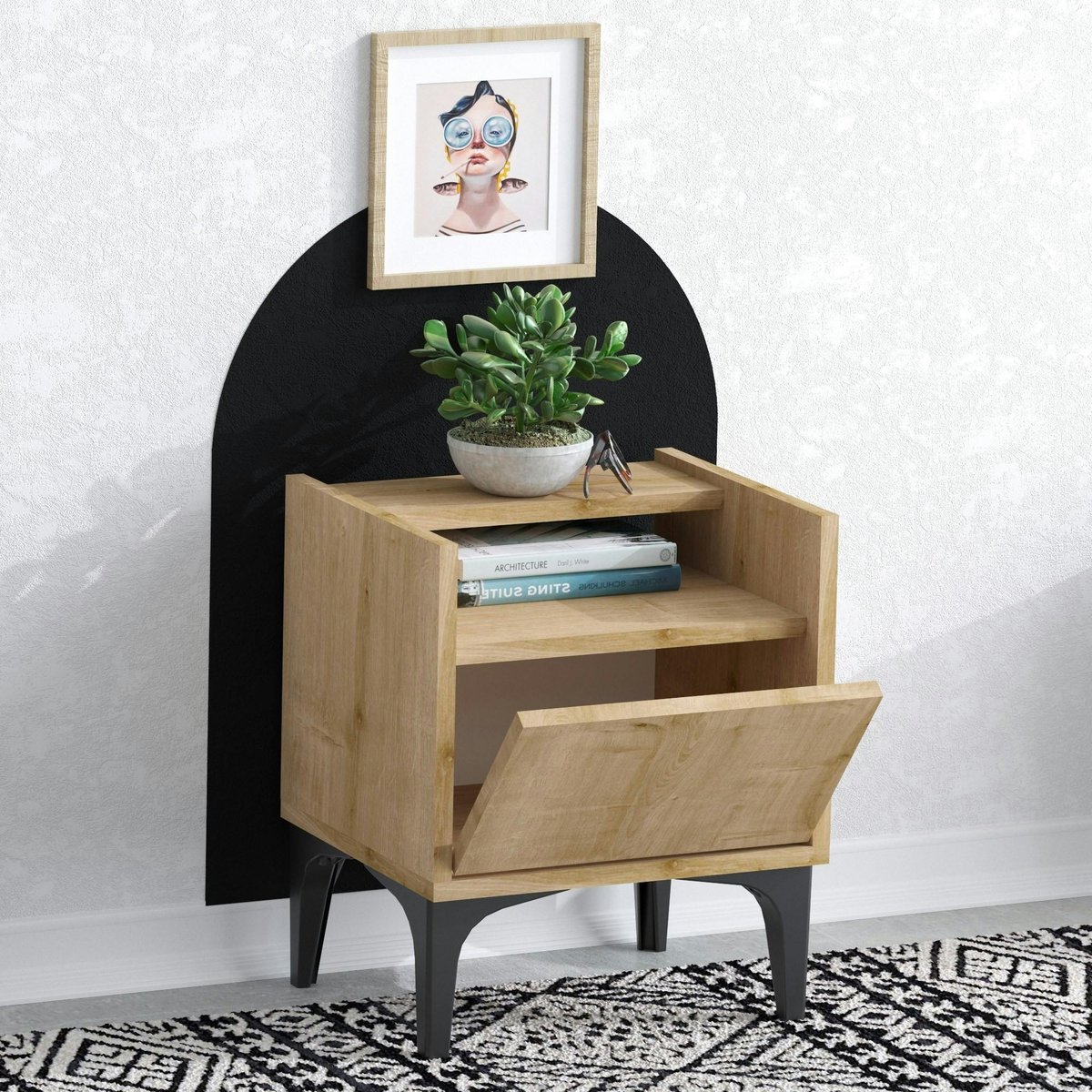 Table de nuit avec rangement effet chêne - pieds noirs JENA bois naturel, PIER IMPORT