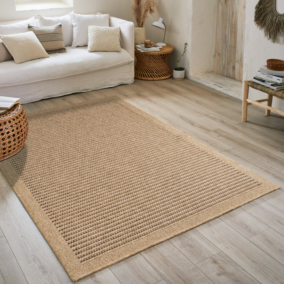 Tapis intérieur extérieur rond aspect jute motifs lignes NATURE marron, NAZAR RUGS