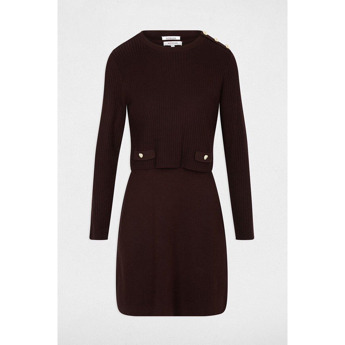 Kurzes Strickkleid im 2-in-1-Look kaffee, MORGAN
