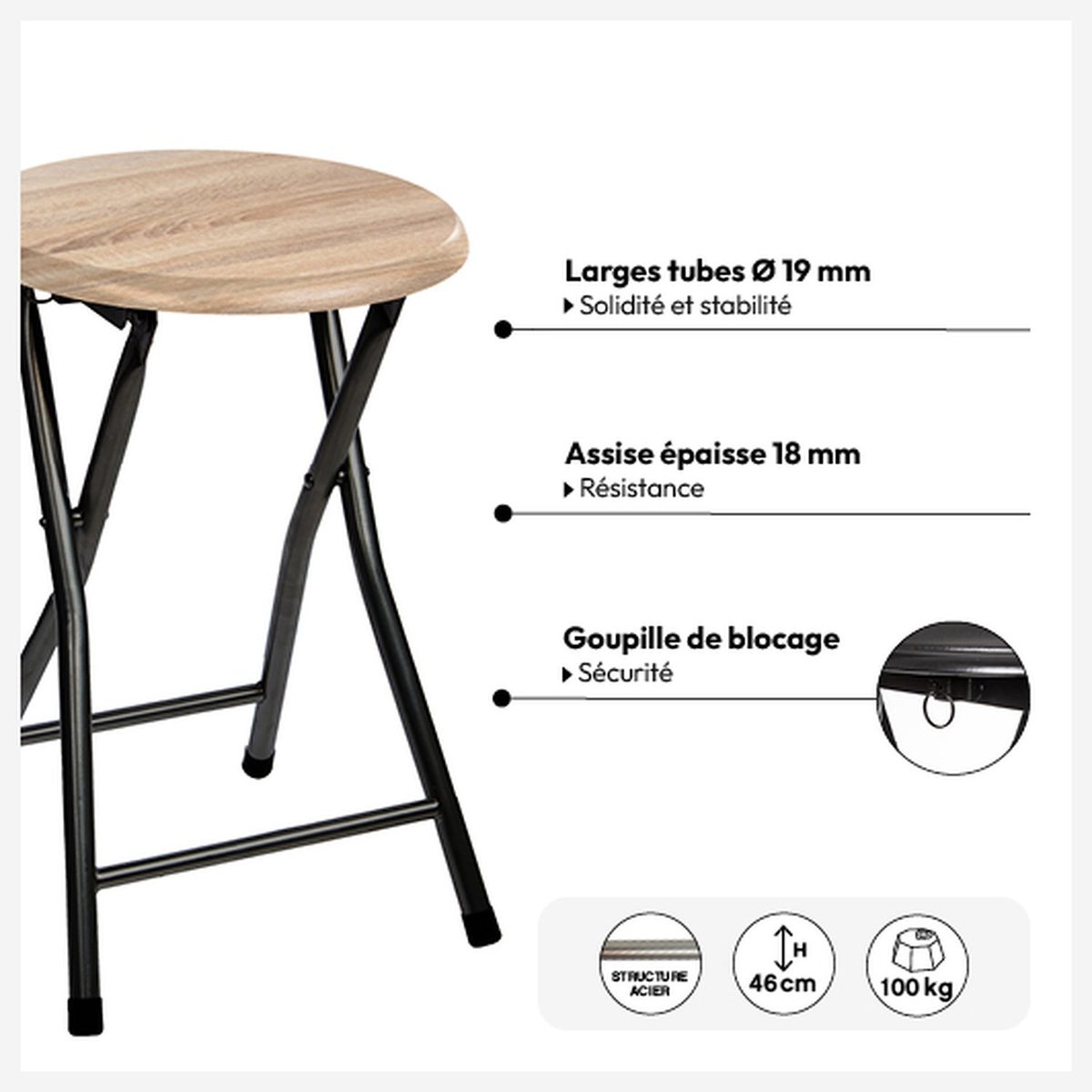 Lot de 2 tabourets pliants en métal noir, TOILINUX