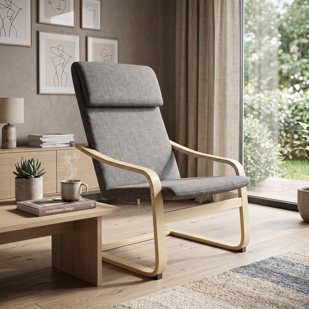 Accent Chair Polyester Gris gris foncé, cadre bois naturel, HOMCOM