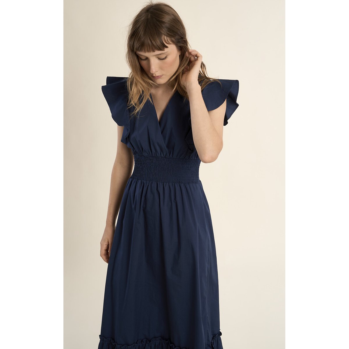Robe longue manches courtes col V bleu marine, MOLLY BRACKEN